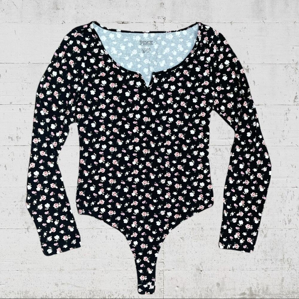 Pink Victoria’s Secret Black Ditzy Floral Bodysuit Small Cottagcore Feminine